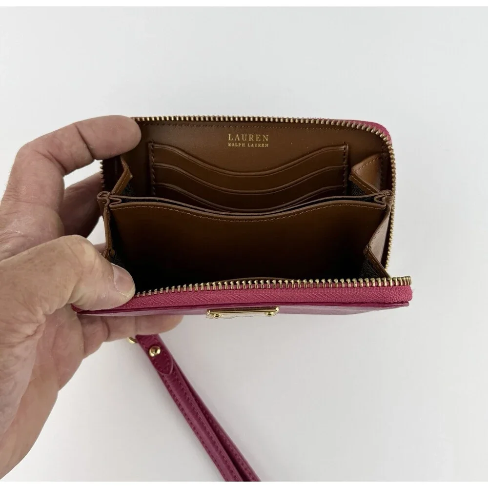 Lauren Ralph Lauren Pink Leather Wristlet Zip Around Wallet With Gold Hardware